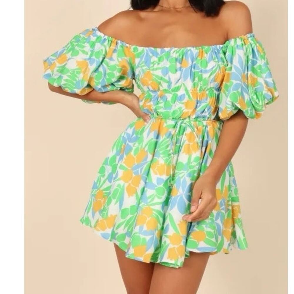 PrettyGarden Women's Medium Dress Mini Puff Sleeve Fit Flare Cotton Floral